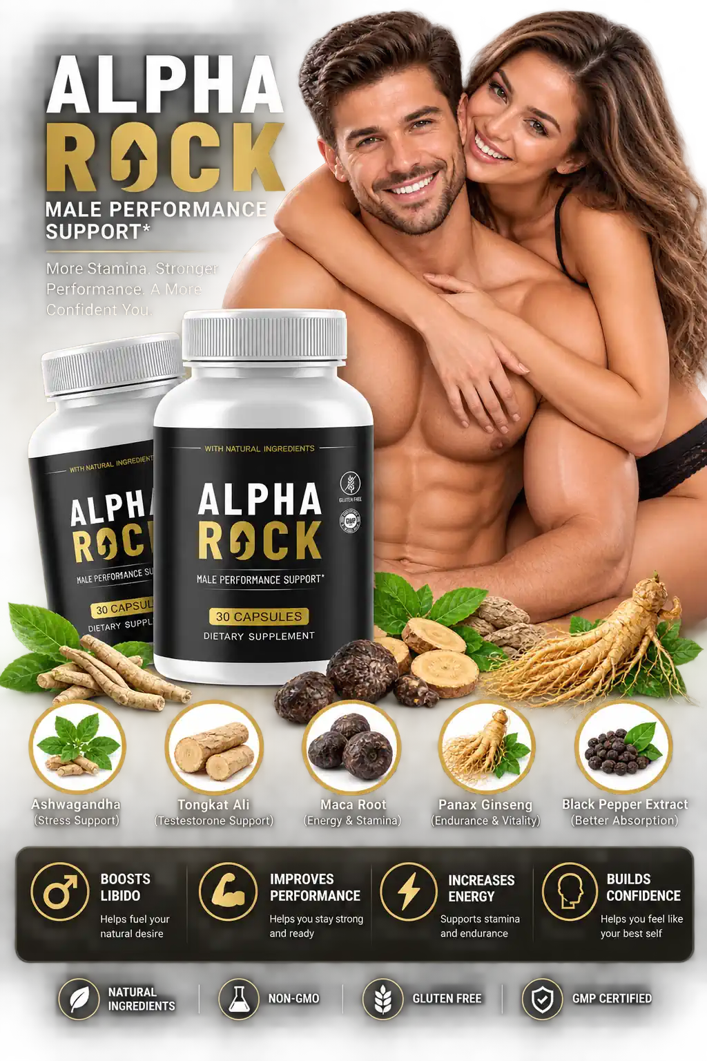 AlphaRock formula with key ingredients Ashwagandha, Tongkat Ali, Maca Root, Panax Ginseng and Black Pepper Extract